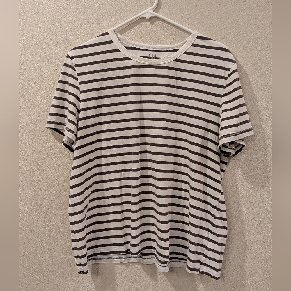 GAP Women's Short Sleeve Brown and White Striped Tee